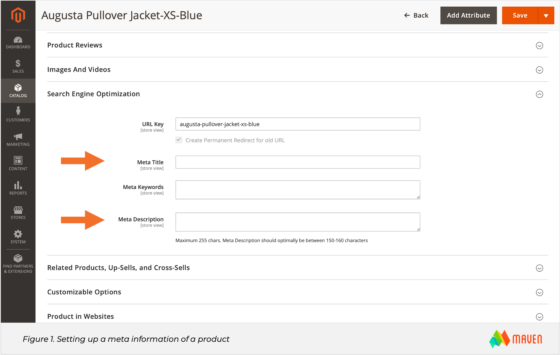 Magento SEO. Figure 1. Setting up a meta information of a product