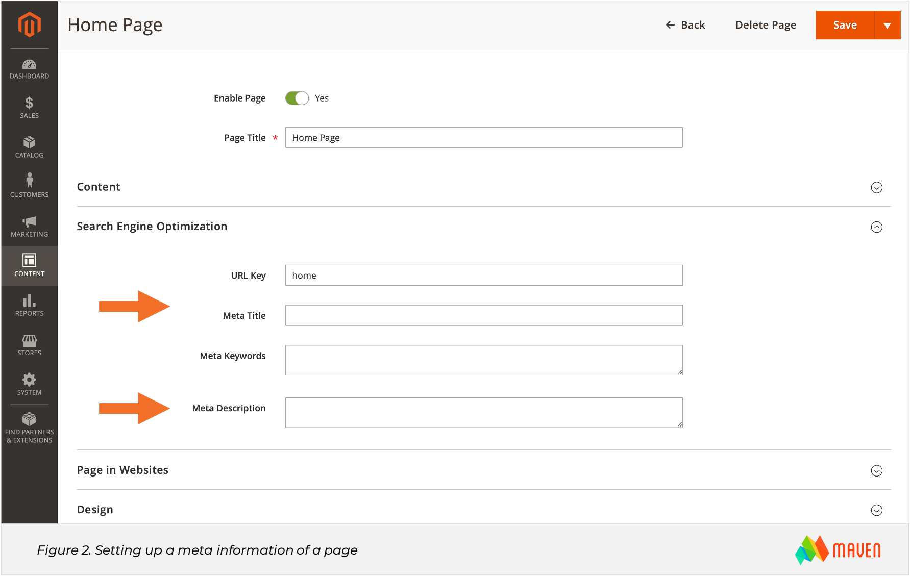 Magento SEO. Figure 2. Setting up a meta information of a page