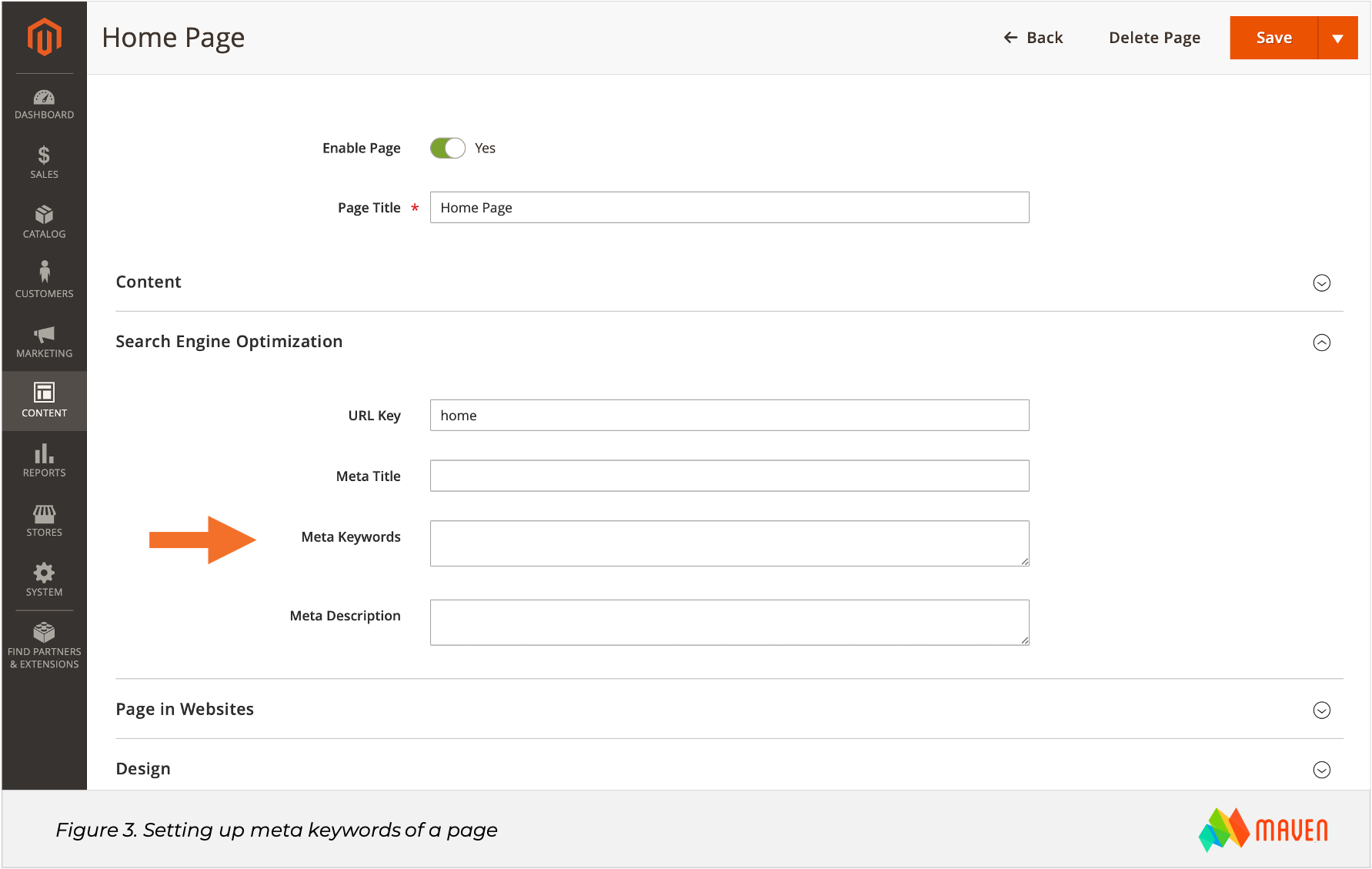 Magento SEO. Figure 3. Setting up meta keywords of a page