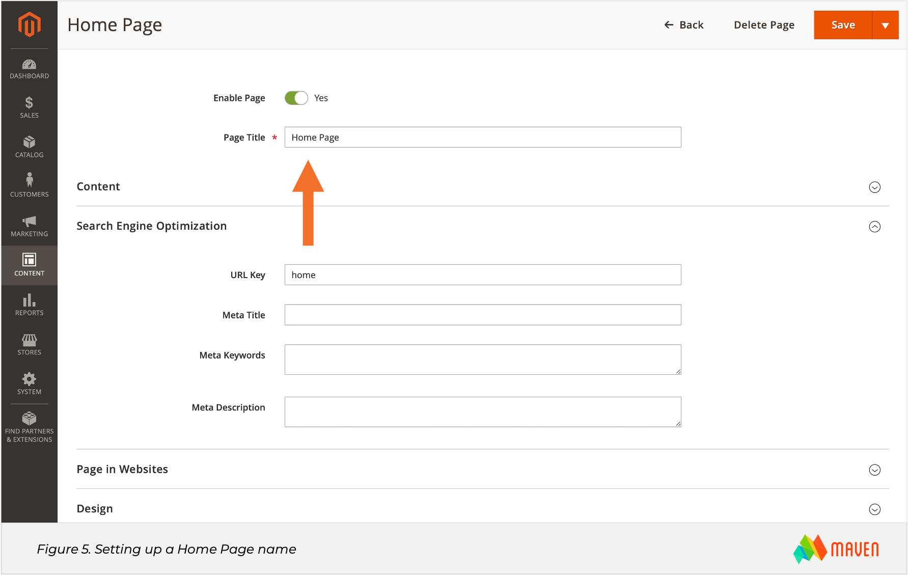 Magento SEO. Figure 5. Setting up a Home Page name