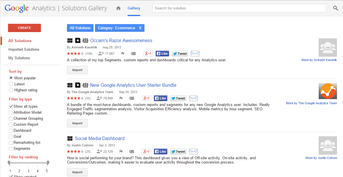 Google Analytics Solutions Gallery screenshot