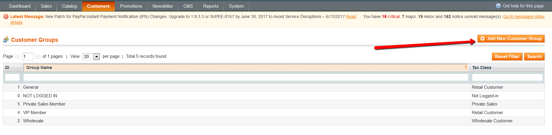 magento issues new customer group
